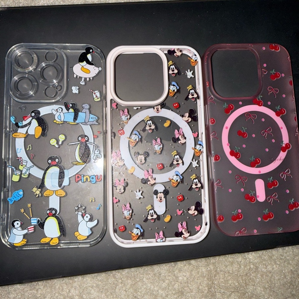 Pingu, Disney, cherries iPhone 16 Pro Cases - clear, pink and hot pink x3 cases